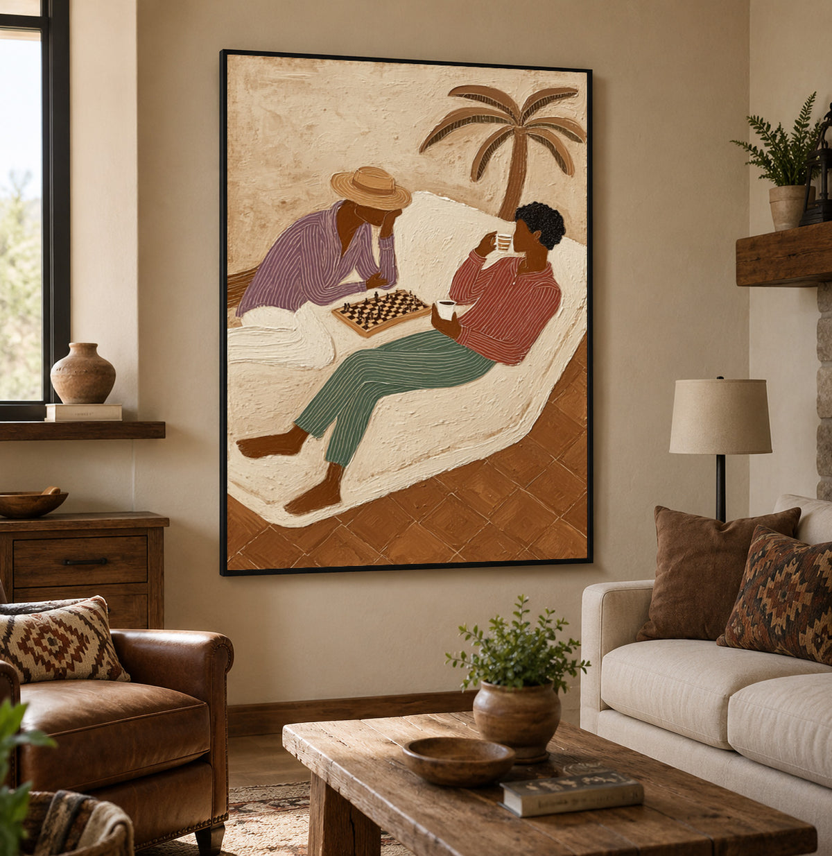 Figurative Chess Painting With Palm Tree And Coffee For Wall Decor