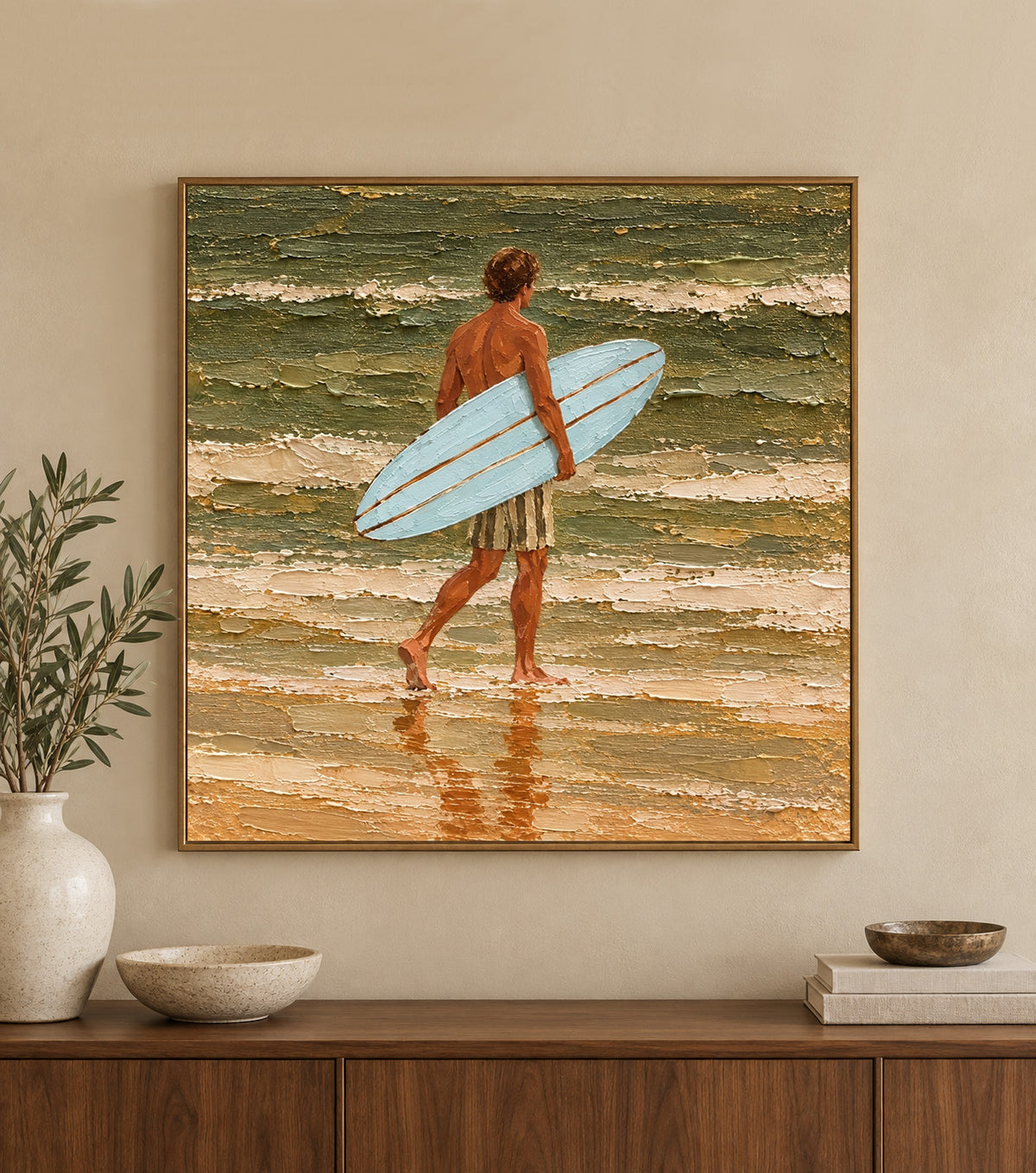 Blue Surfboard Canvas Art, Heavy Impasto Ocean Waves Painting, Coastal Beach House Wall Decor