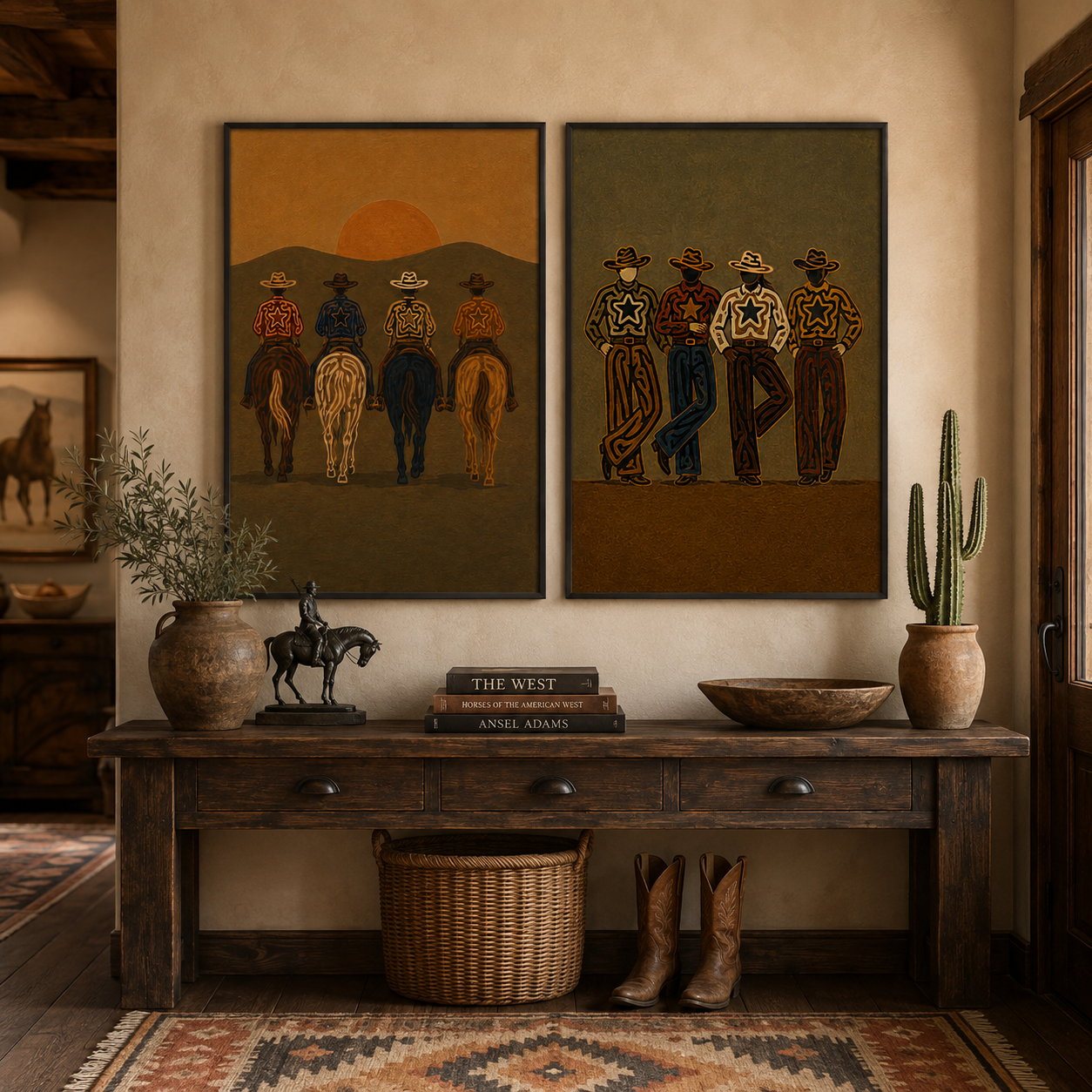 Vintage Sunset Cowboy Group Portrait Wall Art Set Of 2, Western Lifestyle Canvas Painting Vintage Cowboy Gang Decor