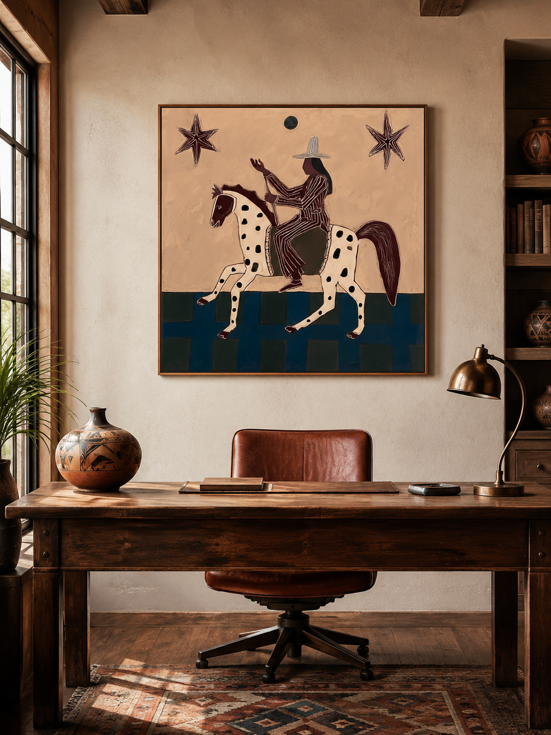 Vintage Magical Realism Folk Art Painting With Spotted Horse And Stars For Living Room Decor