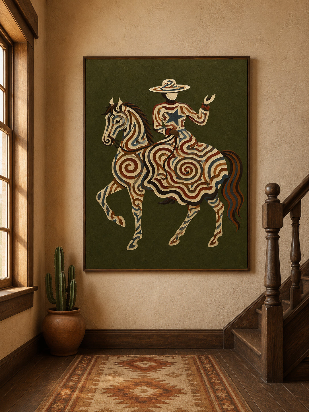 Vintage Cowgirl And Horse Painting Olive Green Wall Art For Living Room Decor