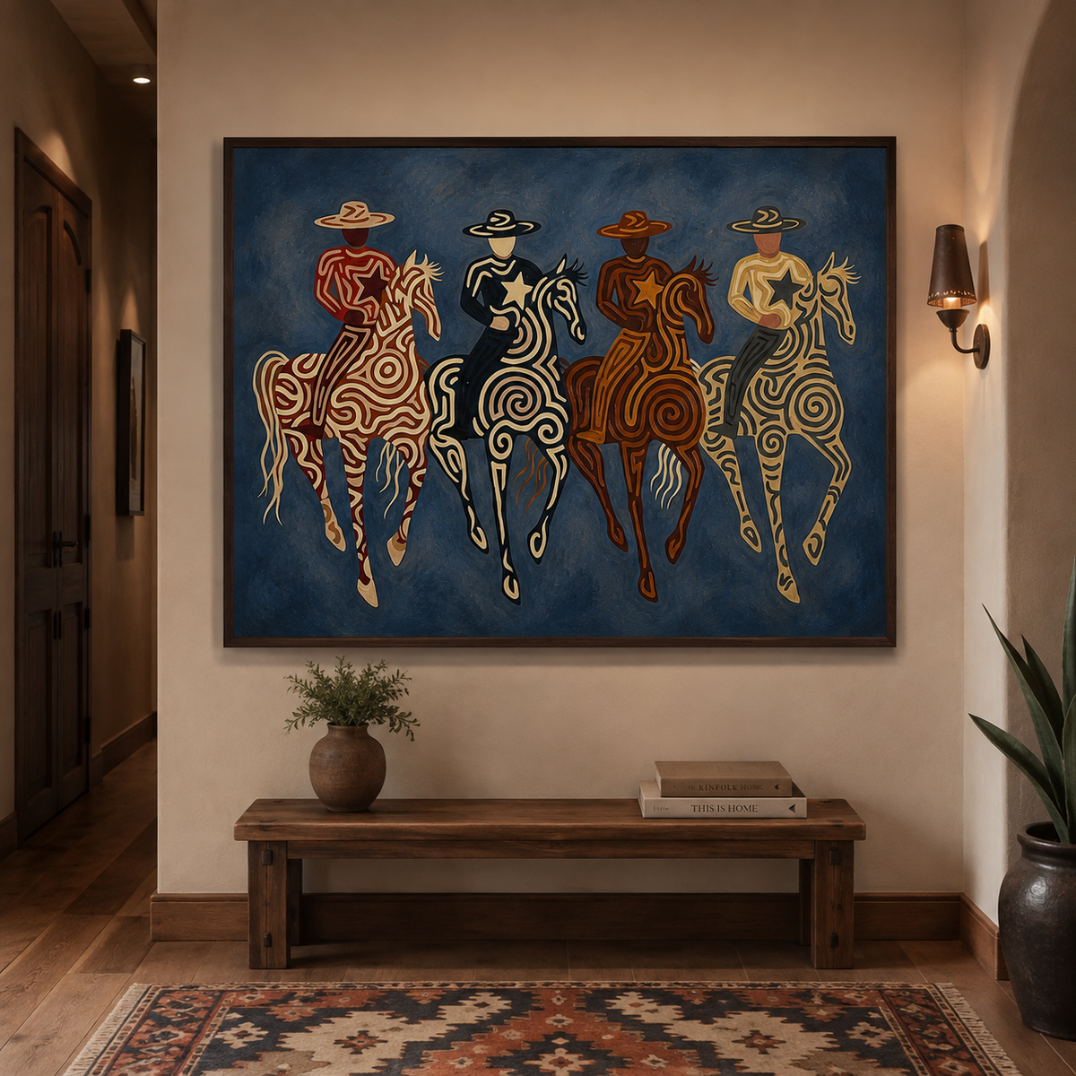 Four Cowboy Riders Painting, Navy Blue Western Horse Art, Southwestern Folk Wall Decor