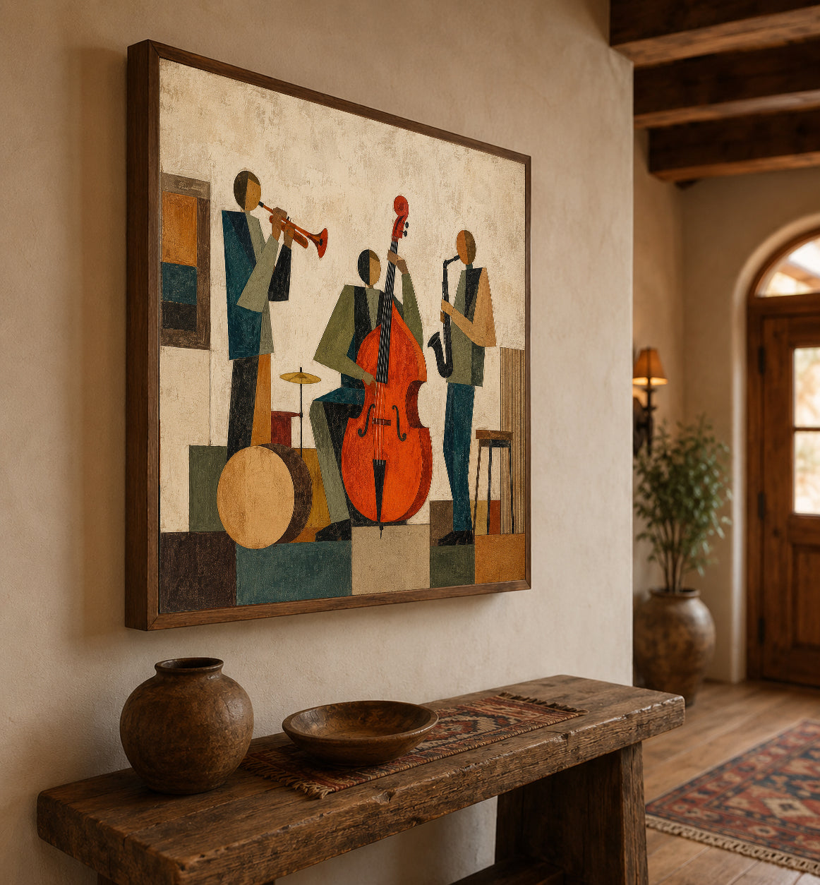 Abstract Jazz Band Painting With Double Bass For Modern Living Room Decor