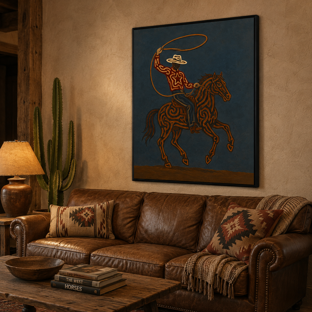 Rodeo Cowboy Lasso Painting, Texas Western Wall Art, Rustic Ranch Decor, Modern Cowboy Horse Art