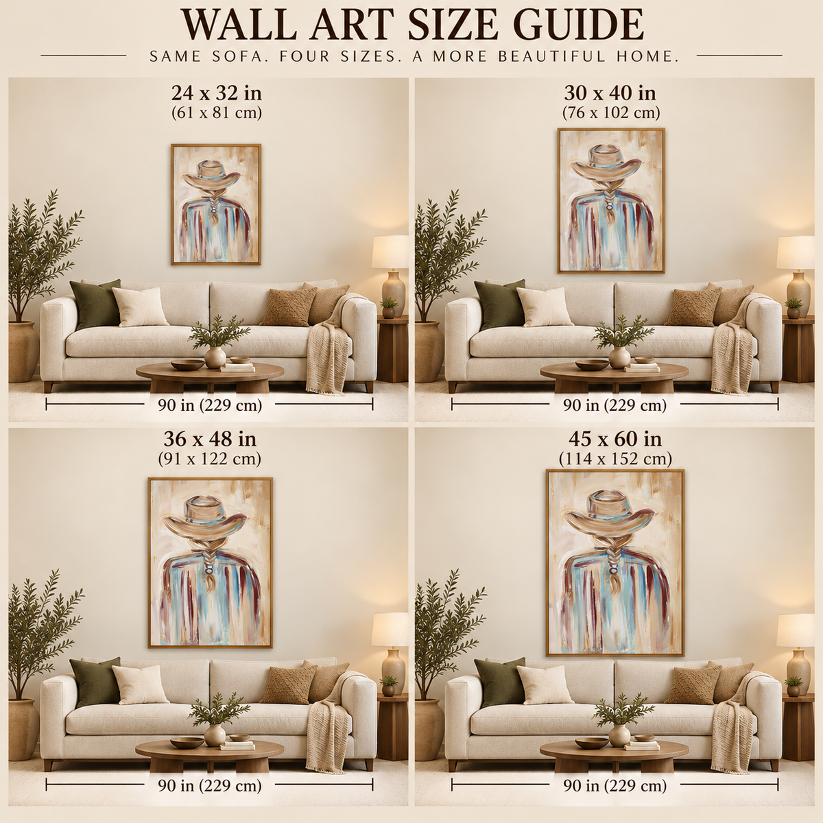 Cowgirl Back View Canvas Painting Hand-Painted Western Art In Beige And Blue