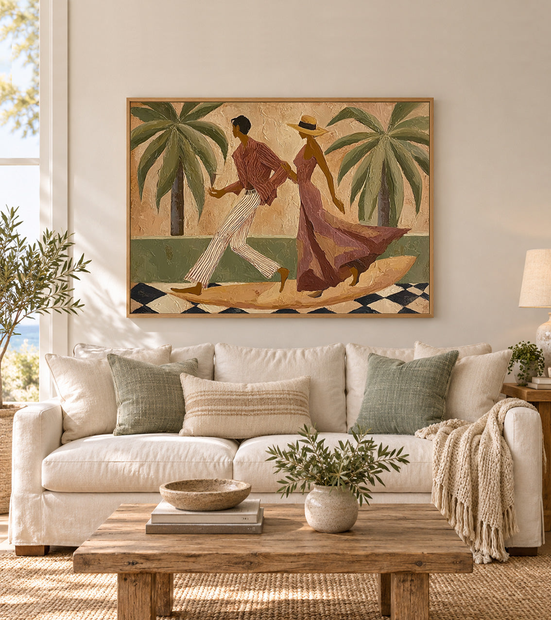 Dancing Couple Canvas Painting With Tropical Palms And Olive Green Tones