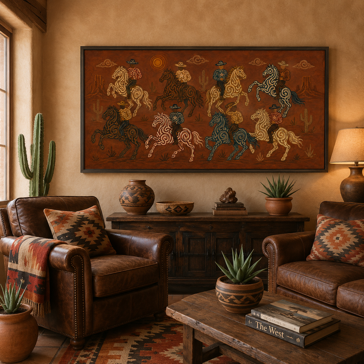 Wild West Cowboy Riders Painting, Panoramic Desert Horse Art, Rustic Southwestern Ranch Decor