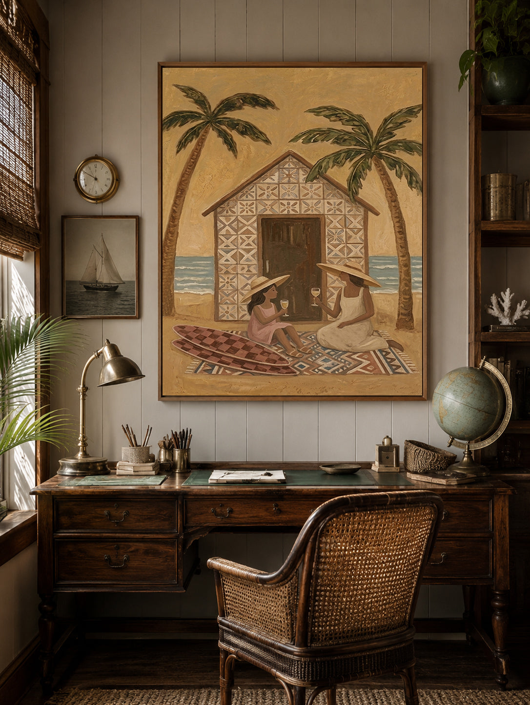 Bohemian Beach Art With Palm Trees And Mother Daughter Scene For Coastal Home Wall Decor