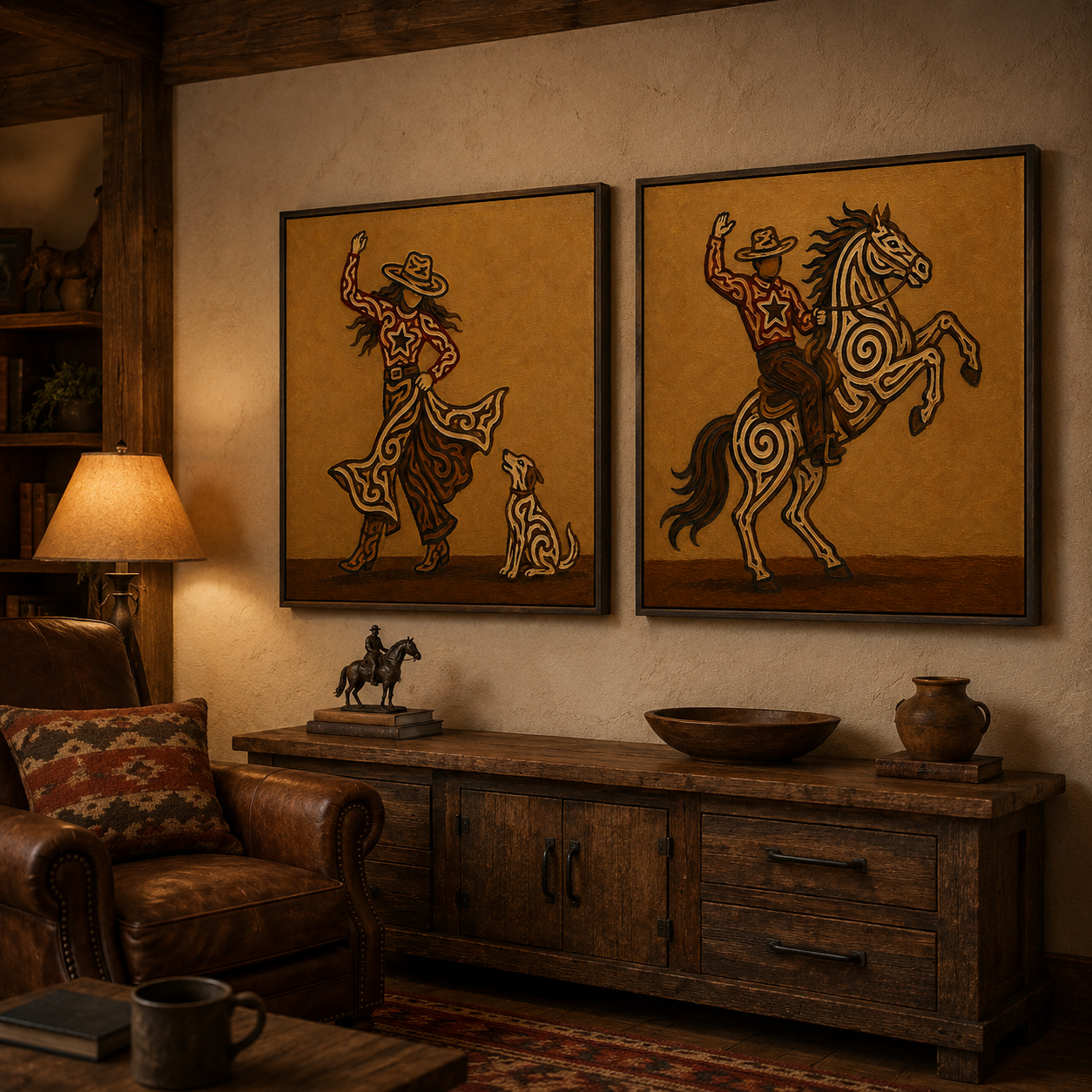 Cowboy Riding Horse Painting Rustic Western Cowgirl And Horse Set Of 2 Wall Art For Living Room