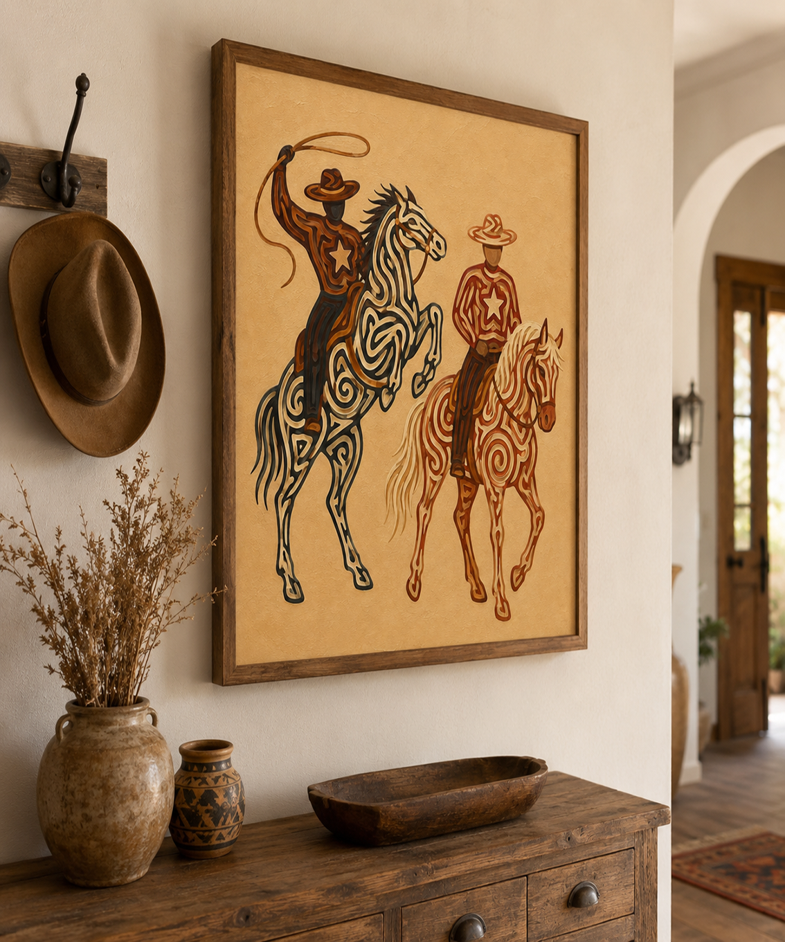 Western Rodeo Cowboys Painting, Horse And Lasso Wall Art, Southwestern Ranch Decor