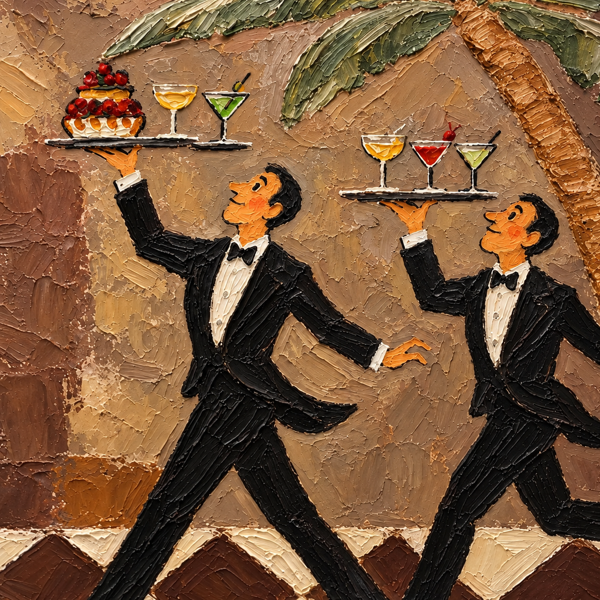Tuxedo Waiter Canvas Art,Retro Bar Painting, Brown Checkered Floor Artwork