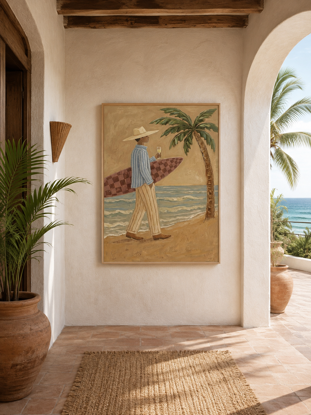 Vintage Surfer With Wine Glass Painting For Coastal Home Decor