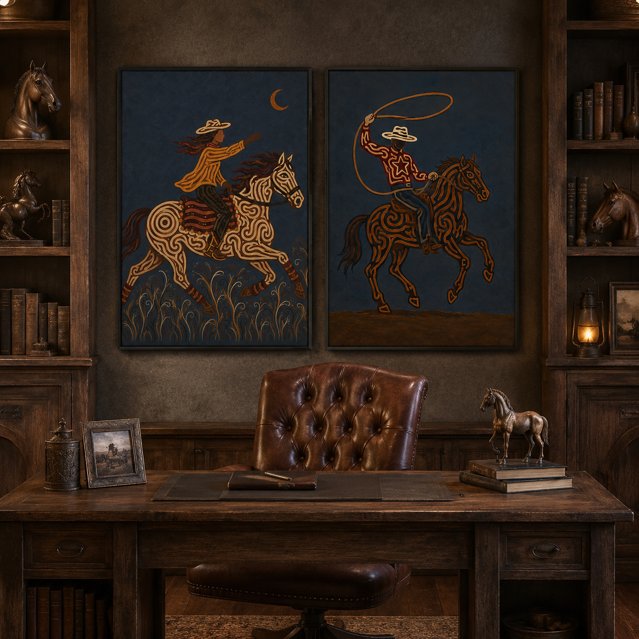 Moody Dark Blue Western Cowboy Wall Art Set Of 2, Vintage Equestrian Canvas Painting For Living Room