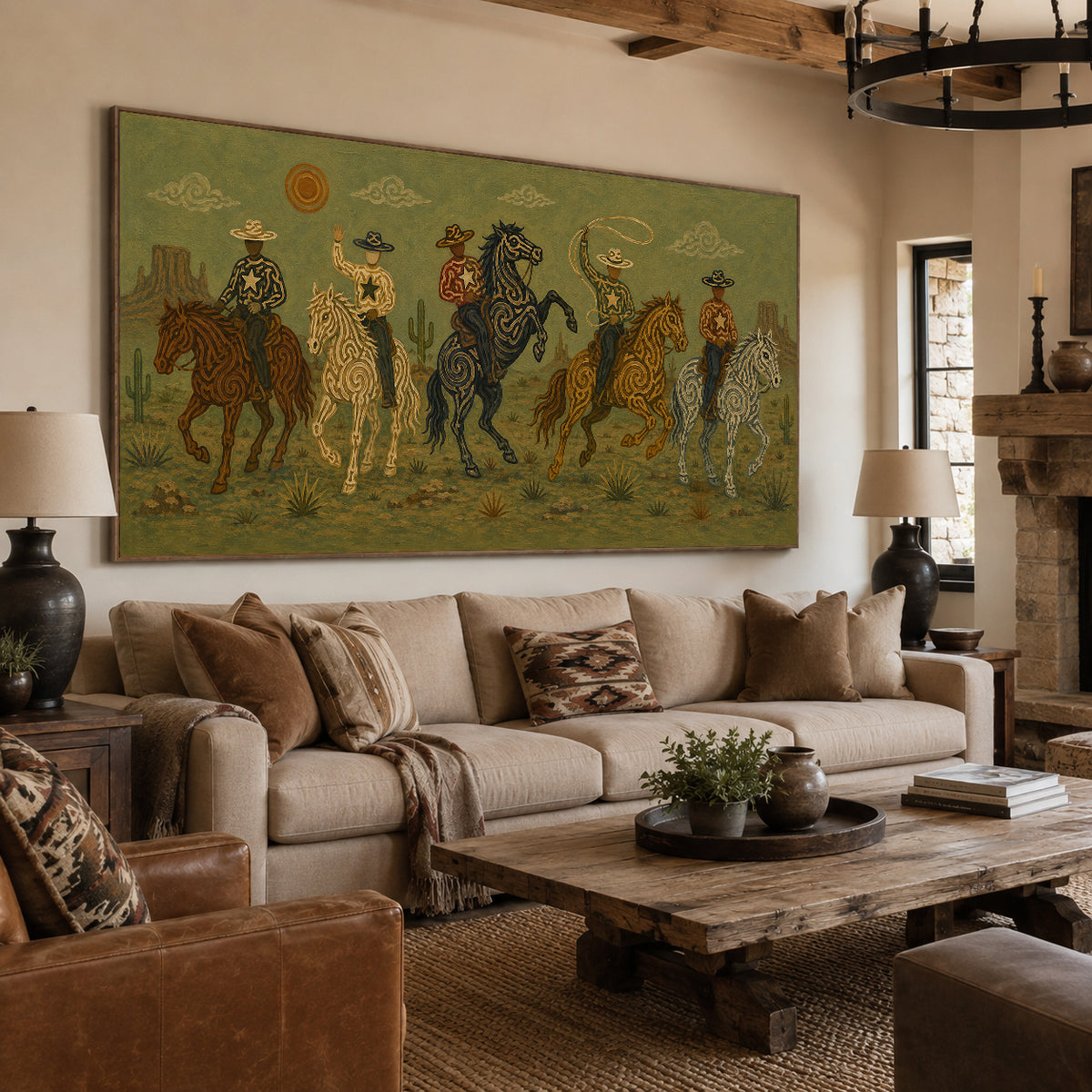 Olive Western Cowboy Painting, Panoramic Lasso Horse Riders, Southwestern Ranch Wall Art
