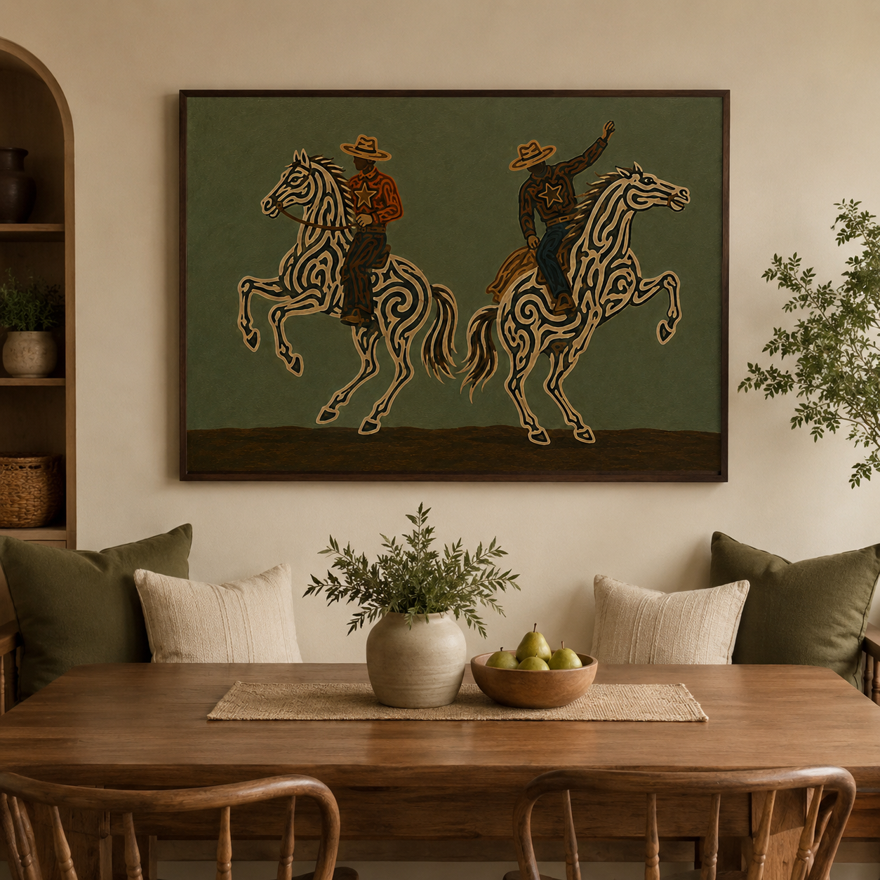 Two Cowboys Horse Painting, Olive Green Western Riders, Rustic Southwestern Equestrian Art