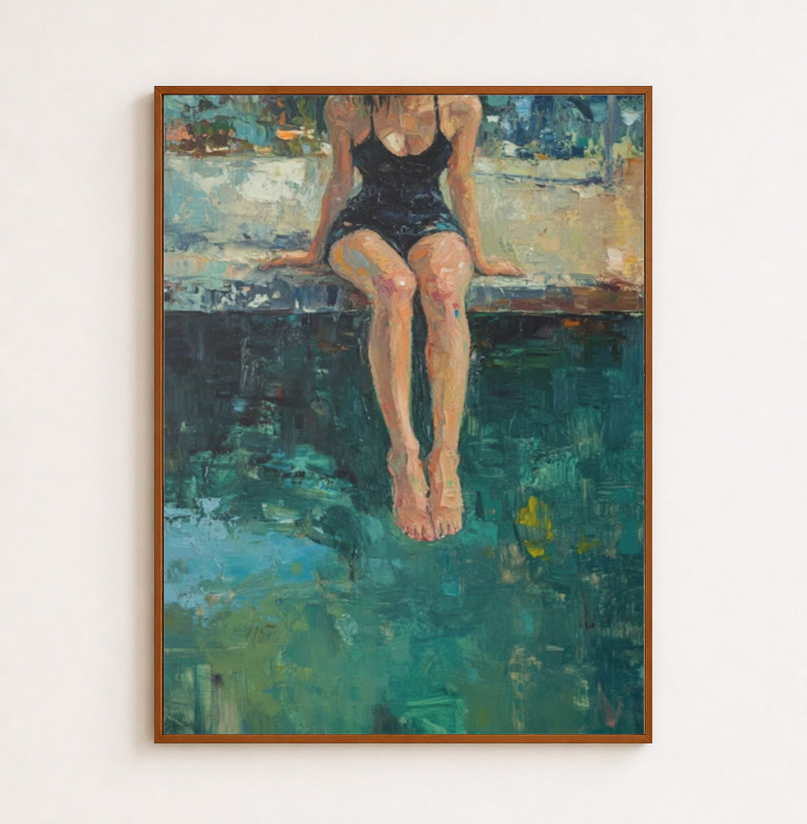 Original Figurative Oil Painting Of Woman By Pool With Rich Green Tones For Modern Home Decor