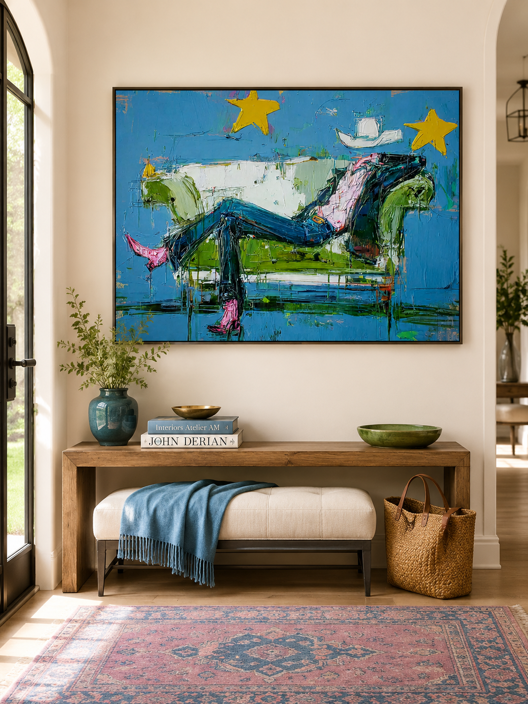 Surreal Cowboy Art With Rich Texture Blue Tones For Contemporary Western Interior Design Decor
