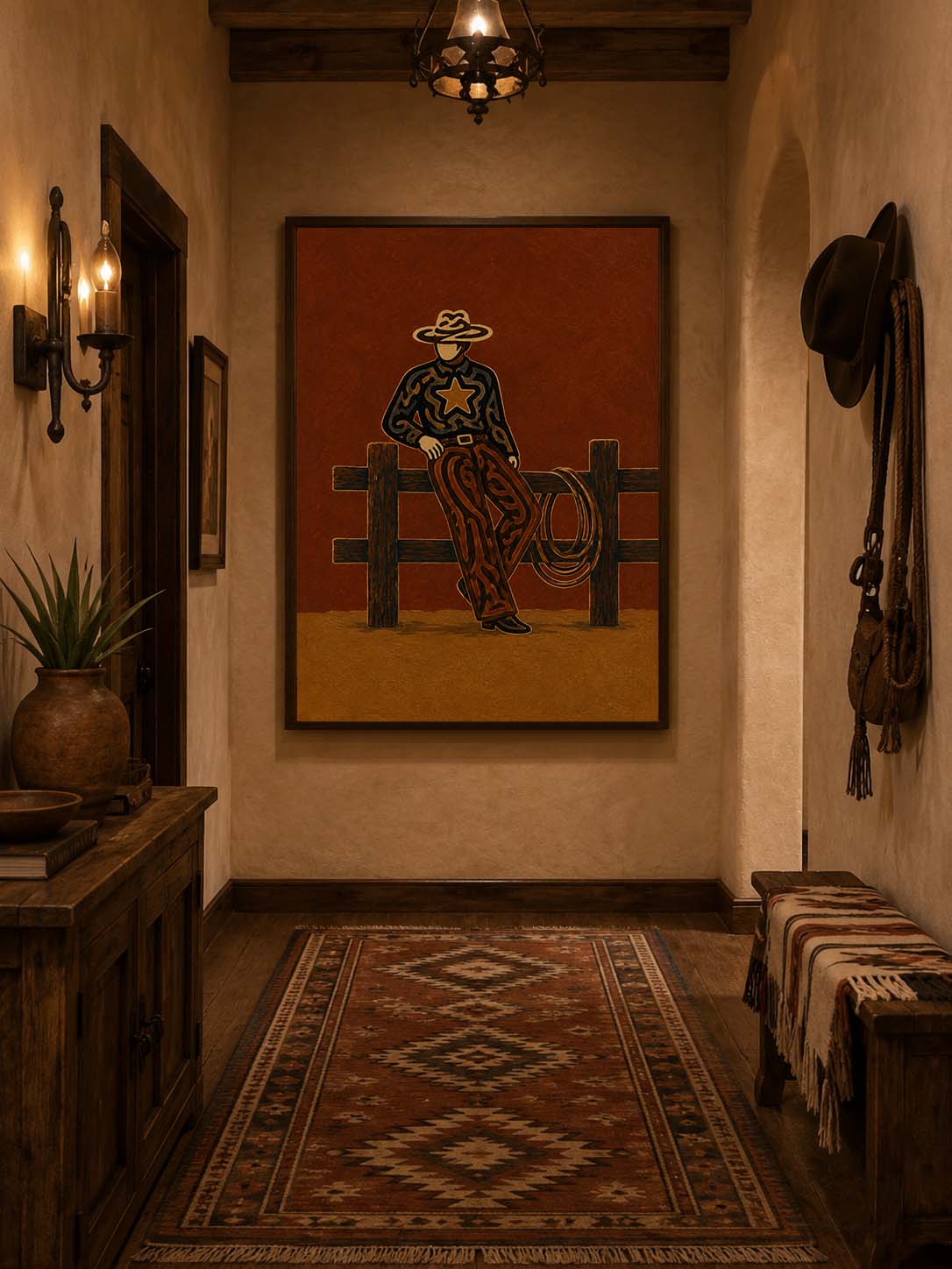 Vintage Cowboy Painting, Western Ranch Wall Art, Rustic Southwestern Rodeo Home Decor