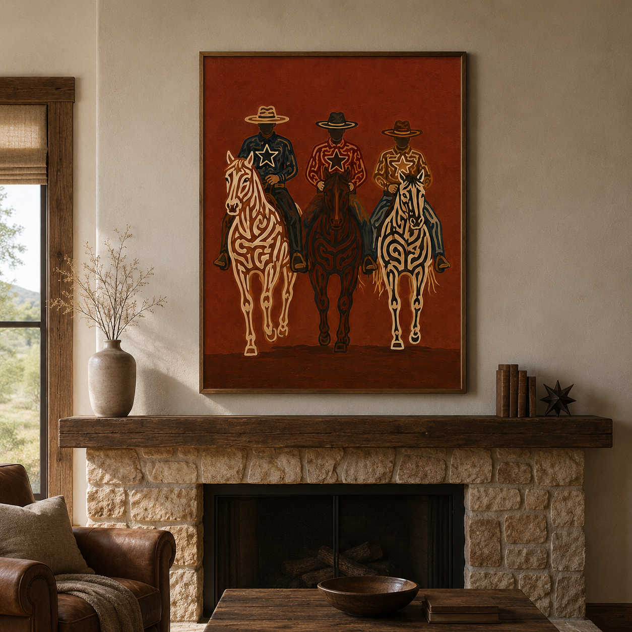 Vintage Three Cowboys Horse Painting, Western Ranch Riders, Rustic Southwestern Wall Art