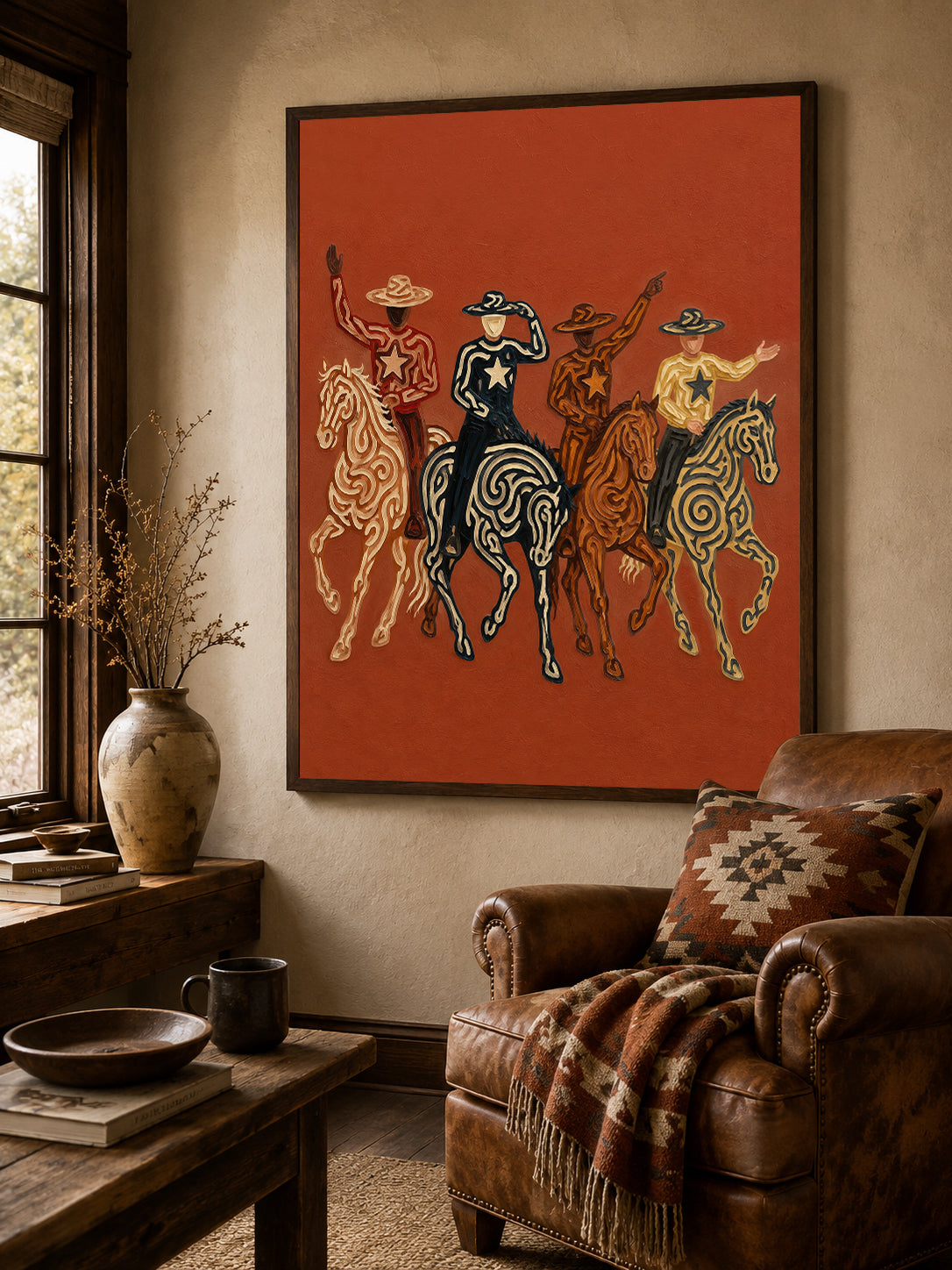 Four Cowboys Horse Painting, Colorful Western Riders, Terracotta Southwestern Wall Art
