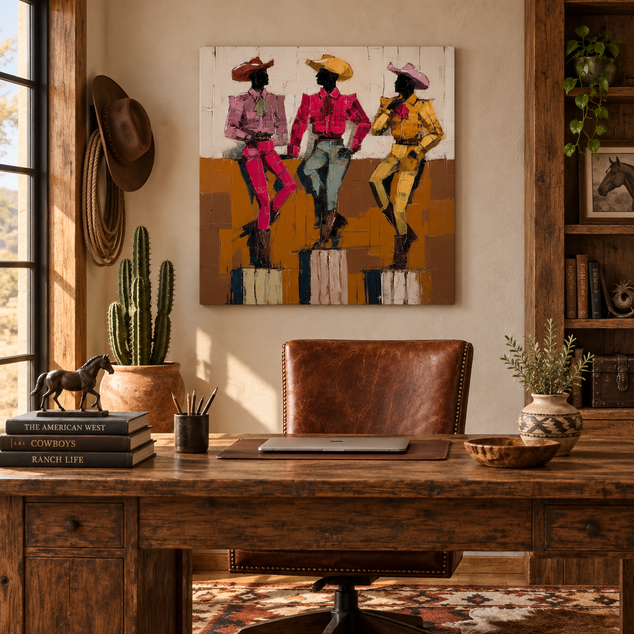 Hand-Painted Cowboy Group Canvas Art In Vintage Pink Yellow Blue Tones For Western Home Decor