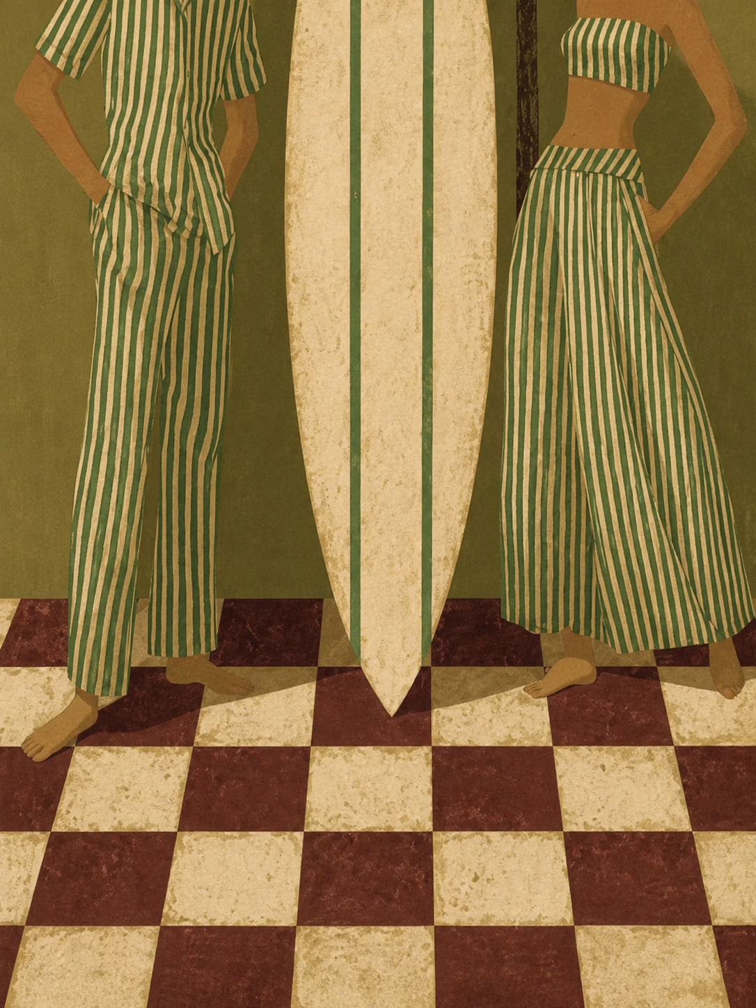 Vintage Green Stripe Beach Art With Palm Tree And Surfboard For Coastal Living Room Wall Decor