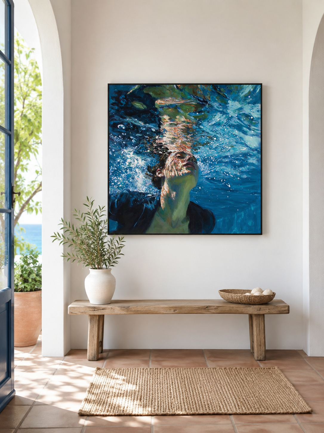 Modern Underwater Figure Painting With Bubbles And Blue Waves For Living Room Decor