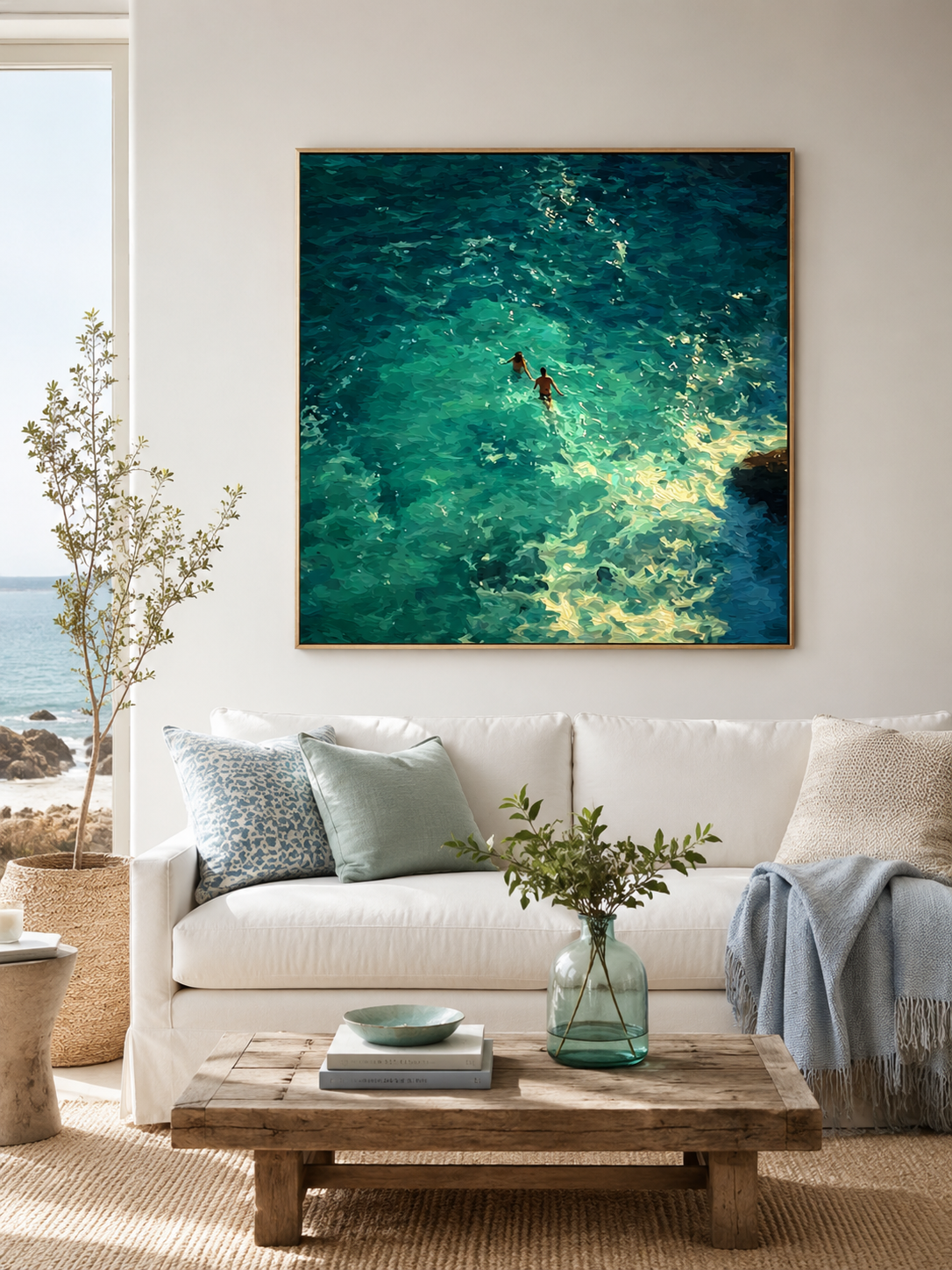 Emerald Ocean Swimmers Square Canvas Art For Beach House Wall Decor