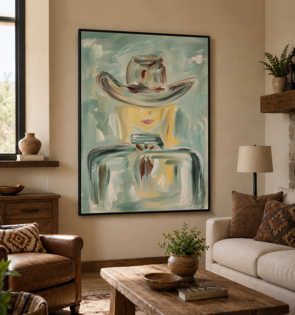 Abstract Cowboy Figure Painting In Sage Green For Modern Wall Decor