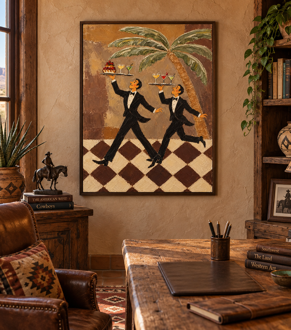 Tuxedo Waiter Canvas Art,Retro Bar Painting, Brown Checkered Floor Artwork