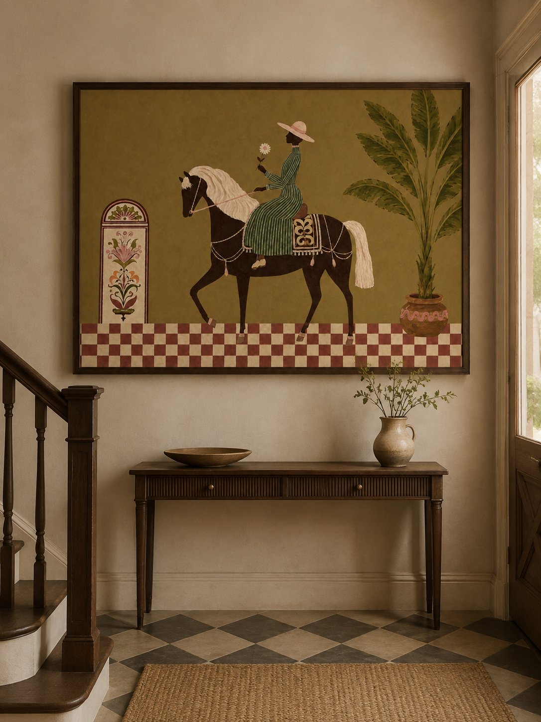Tropical Equestrian Woman Painting, Vintage Resort Horse Art, Botanical Wall Decor