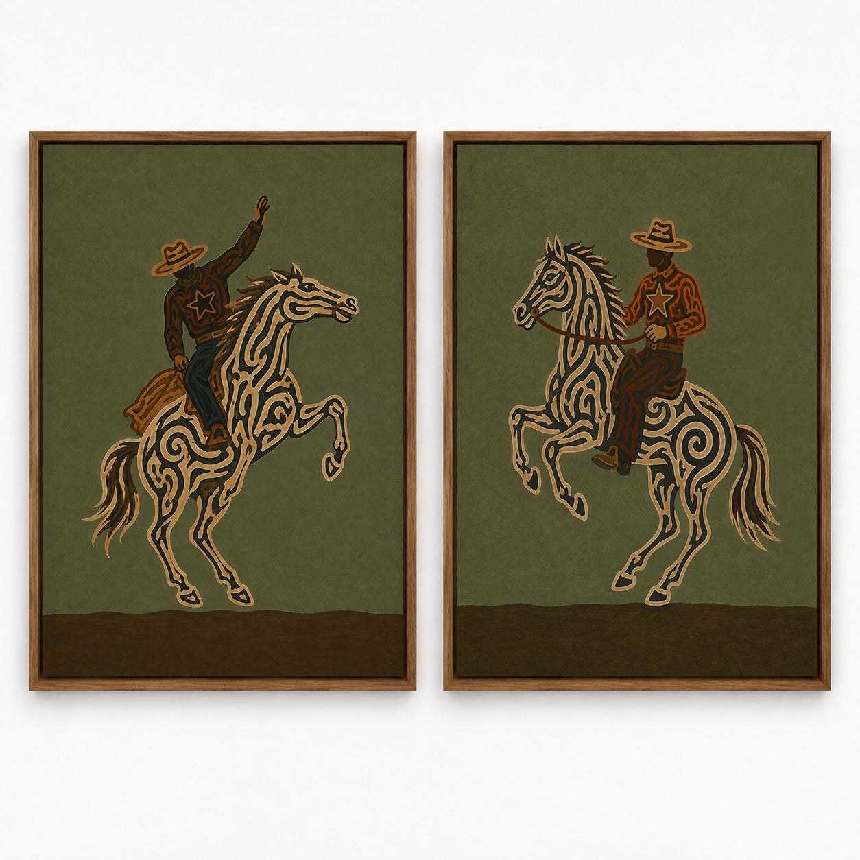 Vintage Western Cowboy Horse Art Olive Green Wall Decor For Living Room Rustic Home