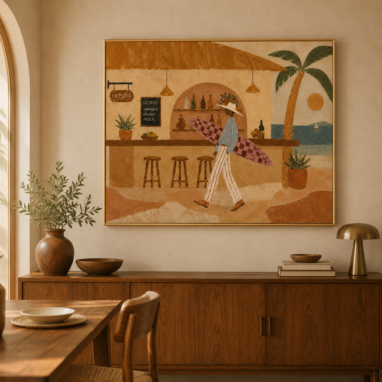 Surfer Man Oil Painting, Beach Bar Wall Art, Retro Coastal Surf Decor Beach House Decor