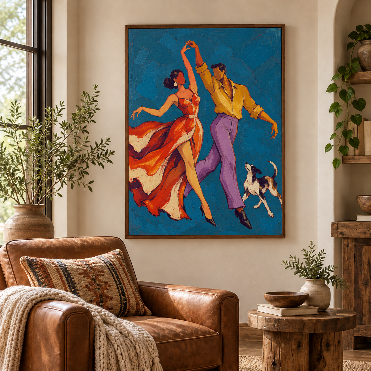 Passionate Tango Dancers Canvas Painting With Dog In Blue And Orange