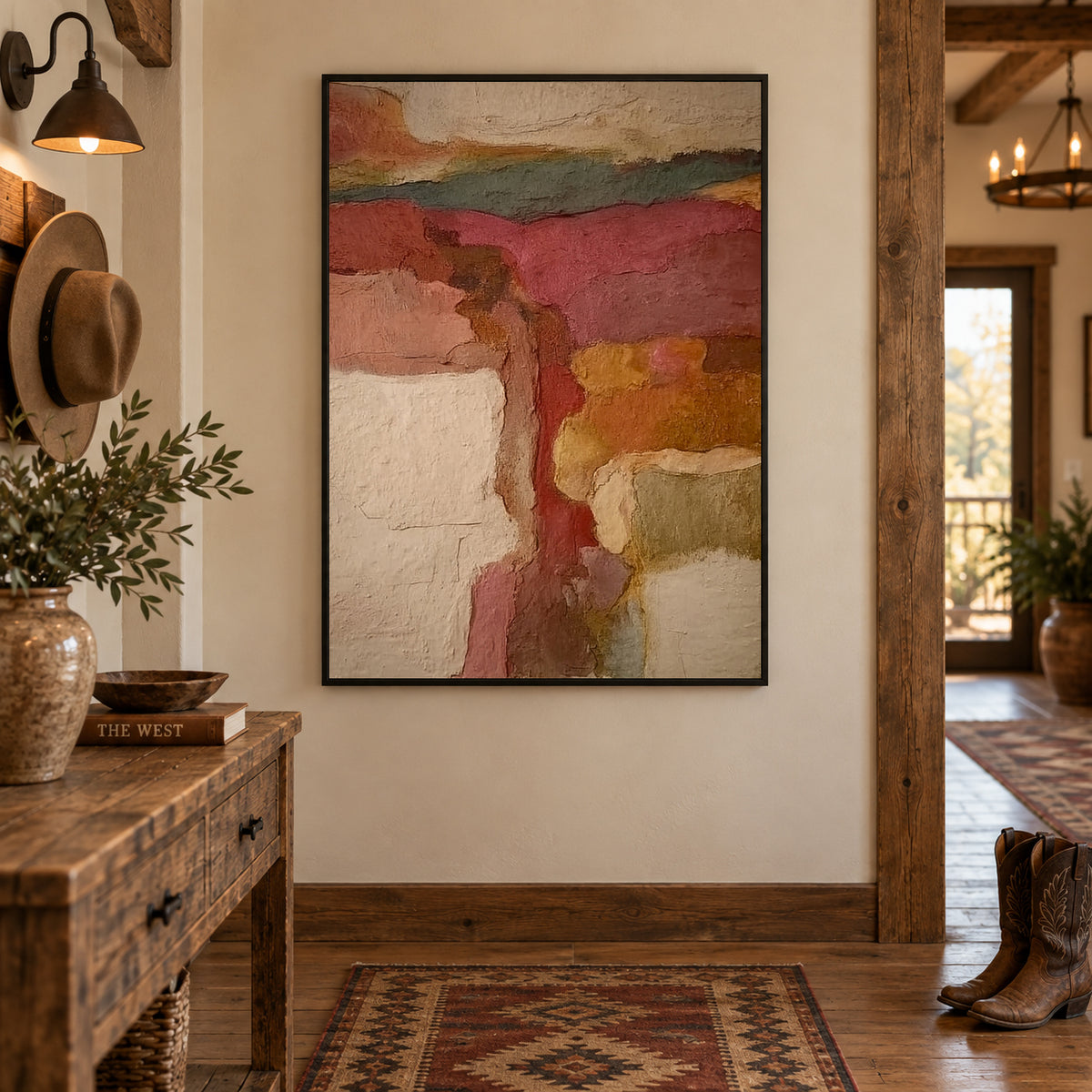 Abstract Earth Tone Canvas Painting With Textured Vintage Landscape Art