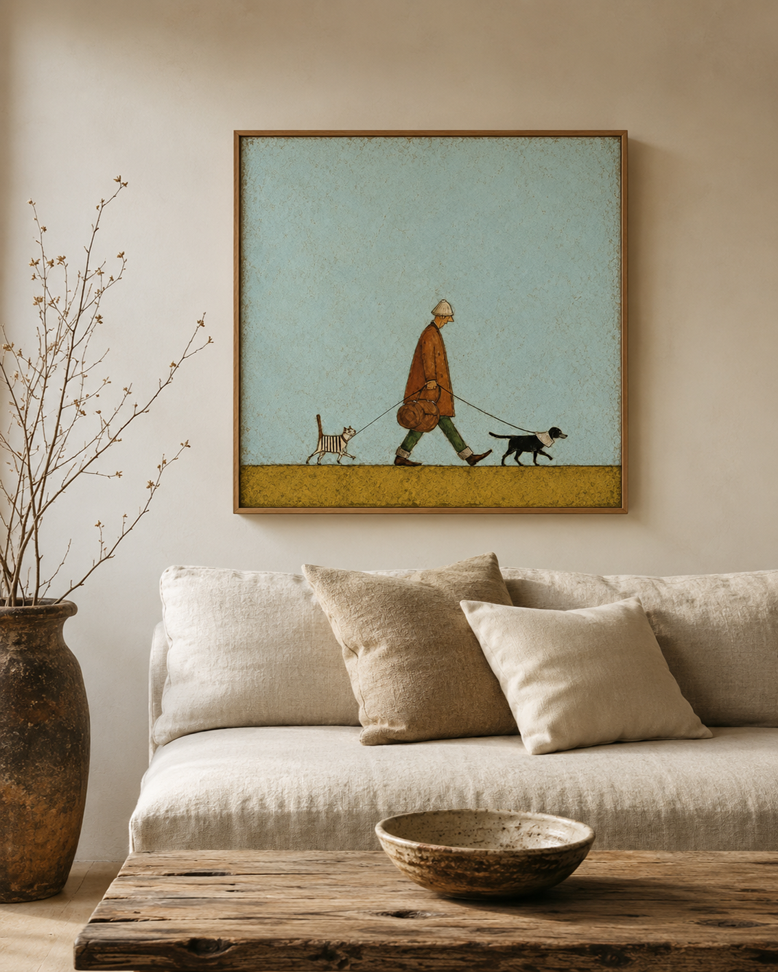 Vintage Style Oil Painting Of Man Walking Cat And Dog For Pet Lovers Home Decor