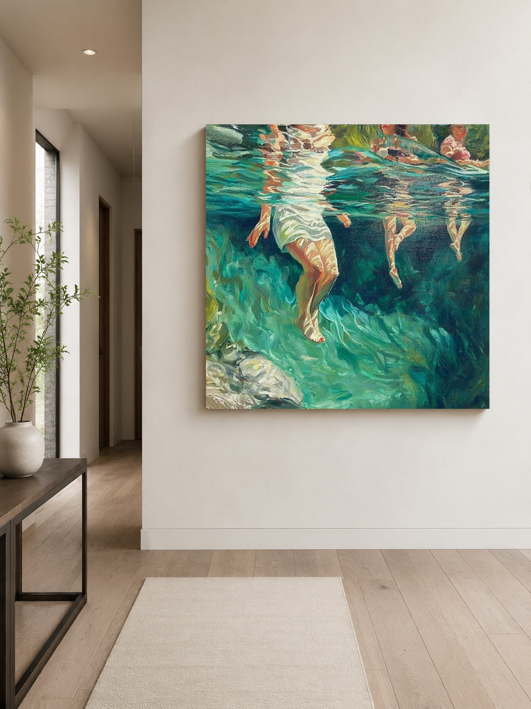 Summer Stream Oil Painting With Submerged Figures For Modern Home Decor