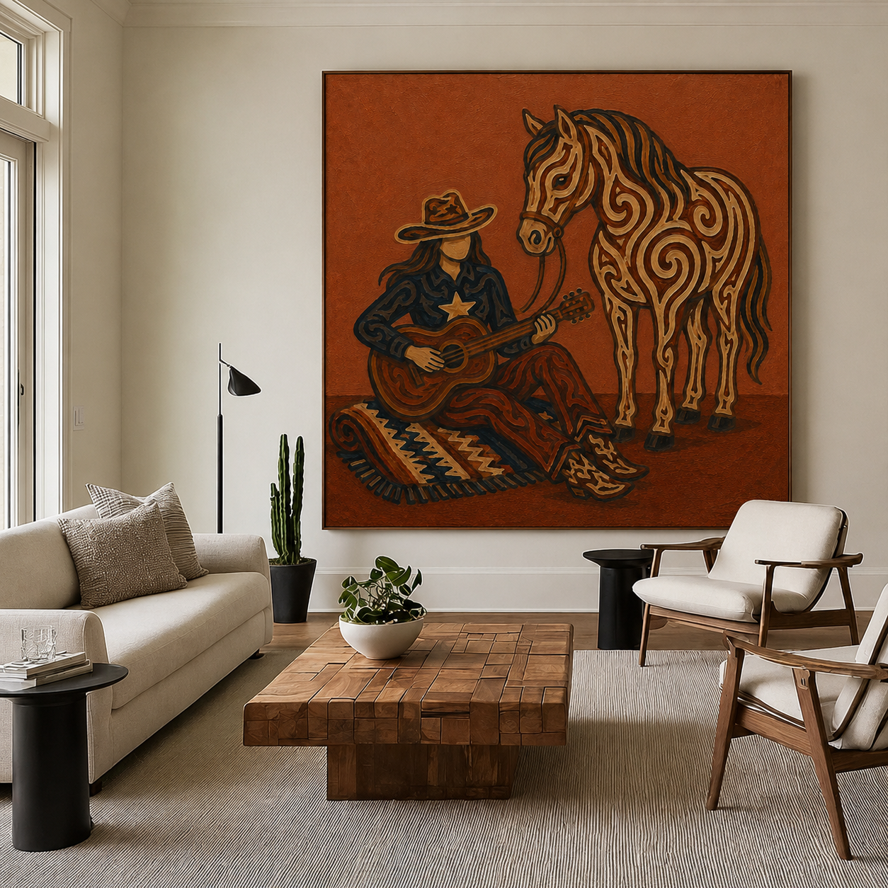 Cowgirl With Horse Guitar Art, Western Music And Horse Painting, Rustic Ranch Style For Living Room Decor
