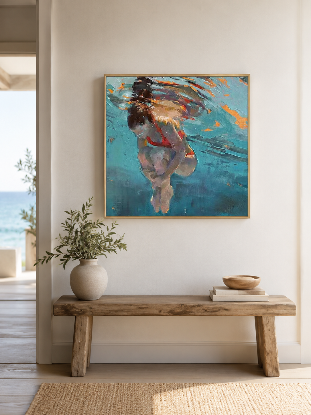 Modern Feminist Underwater Figure Painting With Red Swimsuit Expressive Oil Art For Living Room Decor
