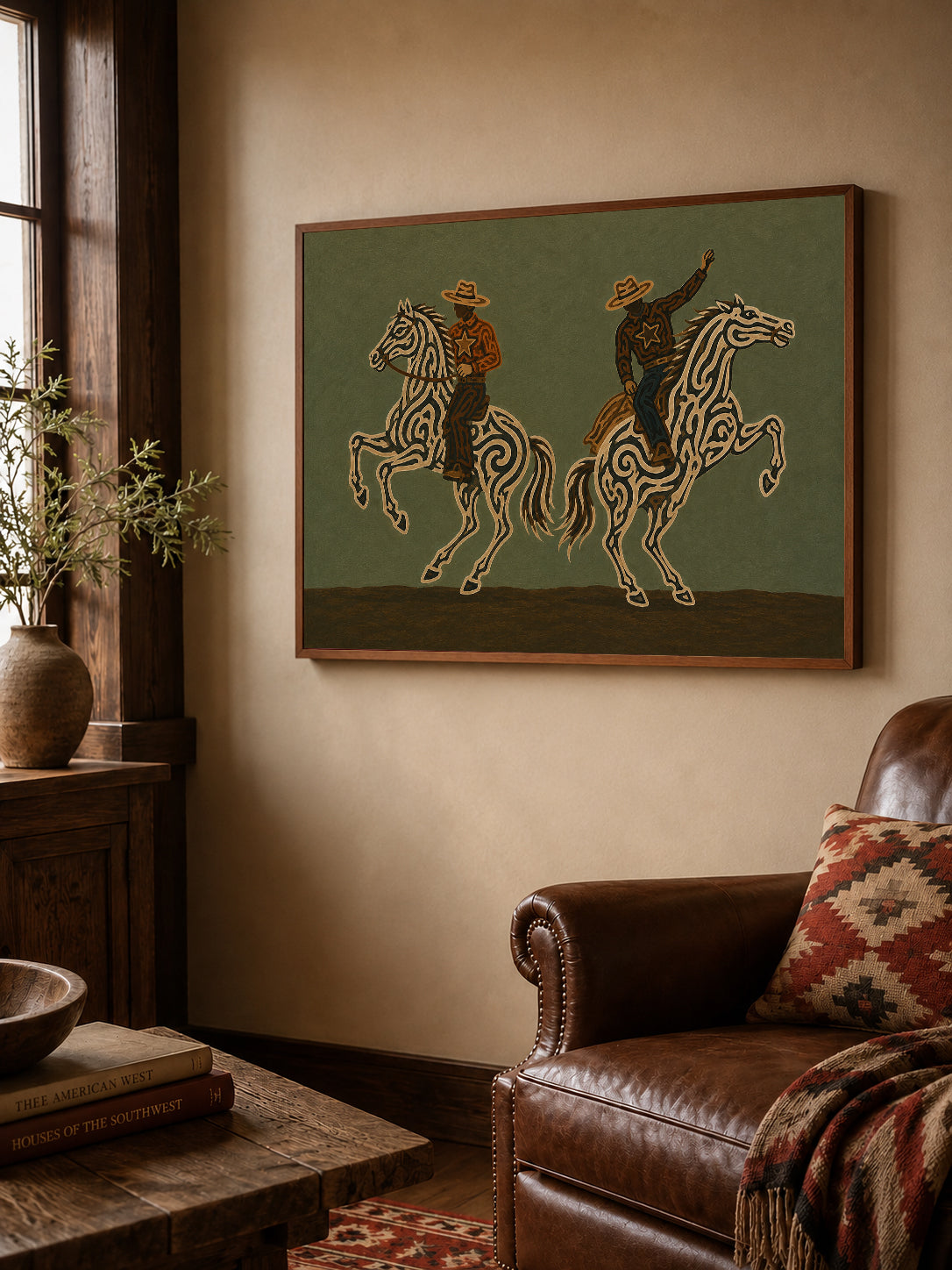 Two Cowboys Horse Painting, Olive Green Western Riders, Rustic Southwestern Equestrian Art