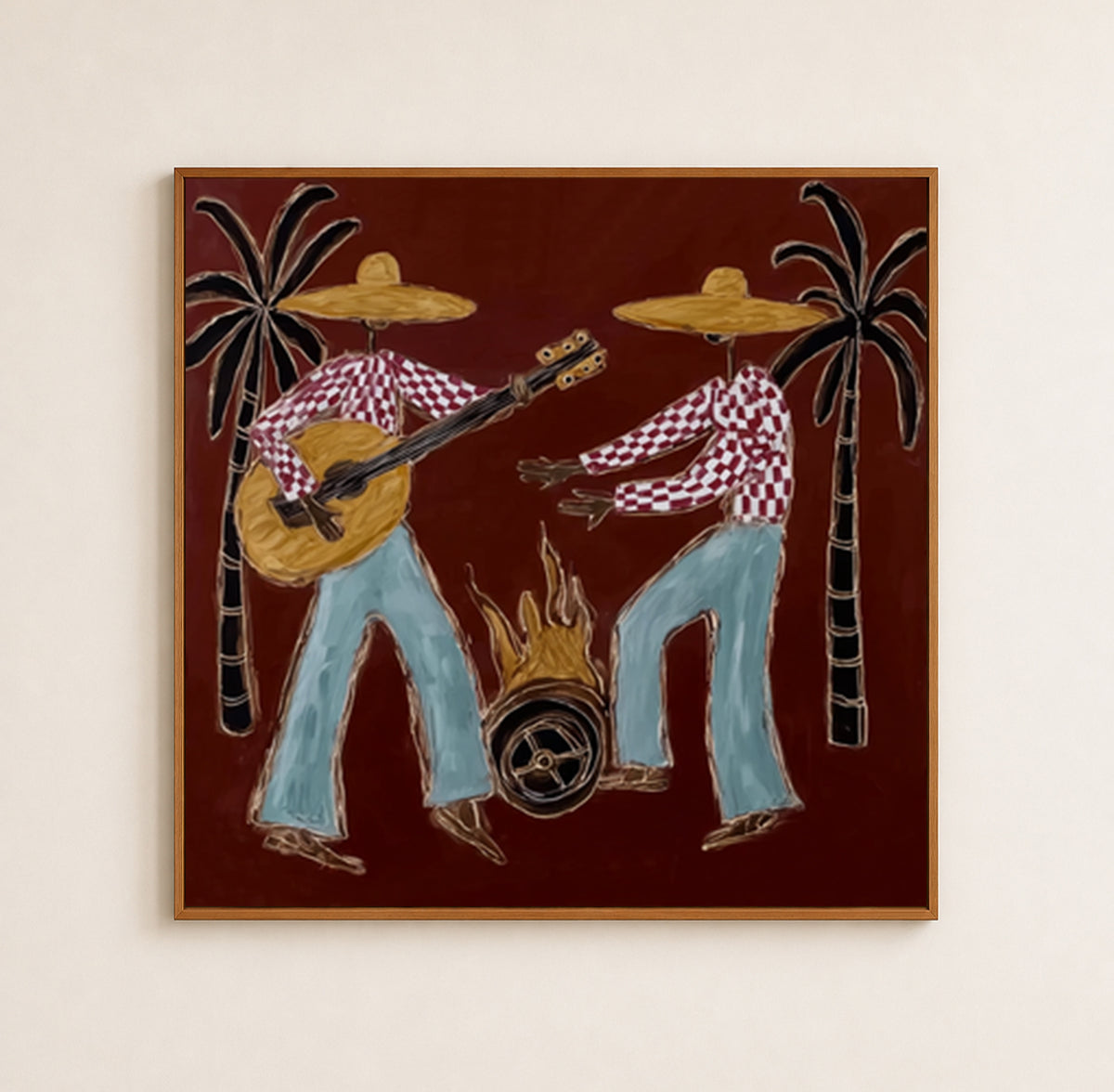 Folk Art Guitarists With Campfire Hand-Painted Canvas Wall Art Red Background Resort Painting