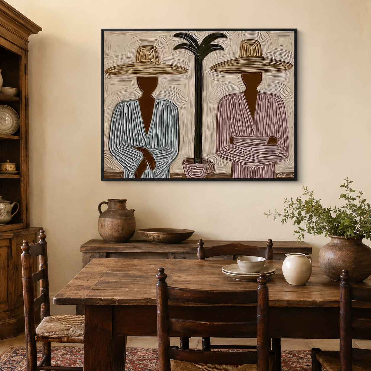 Wabi Sabi Tropical Art With Palm Tree And Minimalist Figures For Modern Home Decor