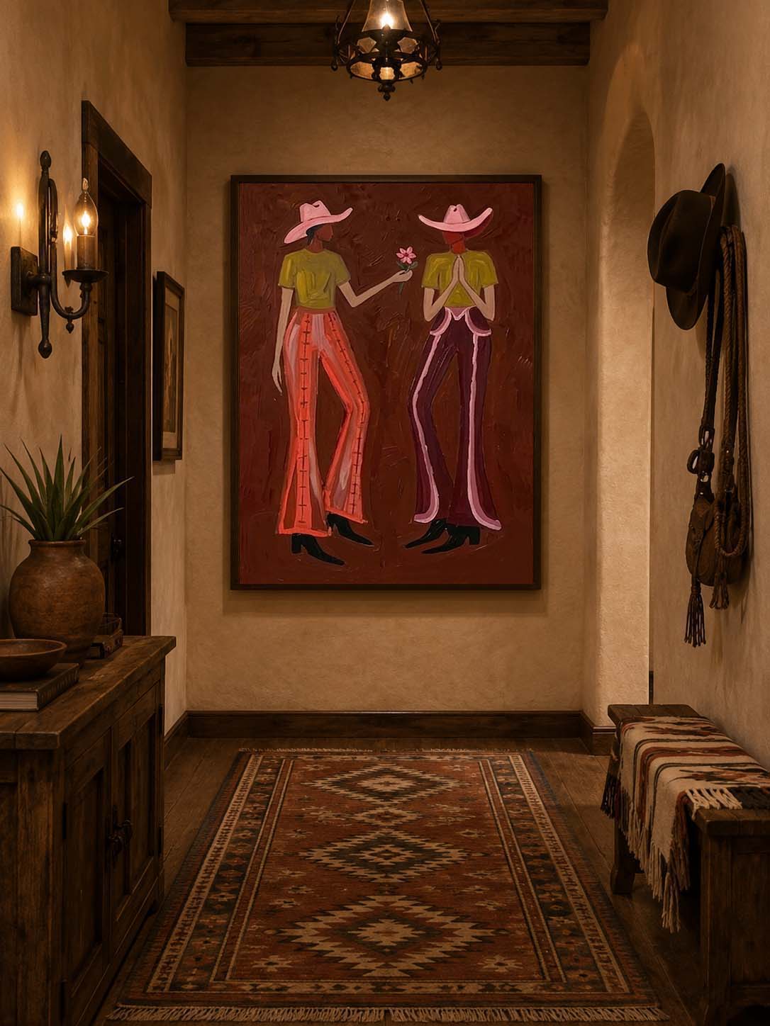 Cowgirl Flower Canvas Art, Retro Western Friendship Wall Decor, Dark Brown Aesthetic Painting