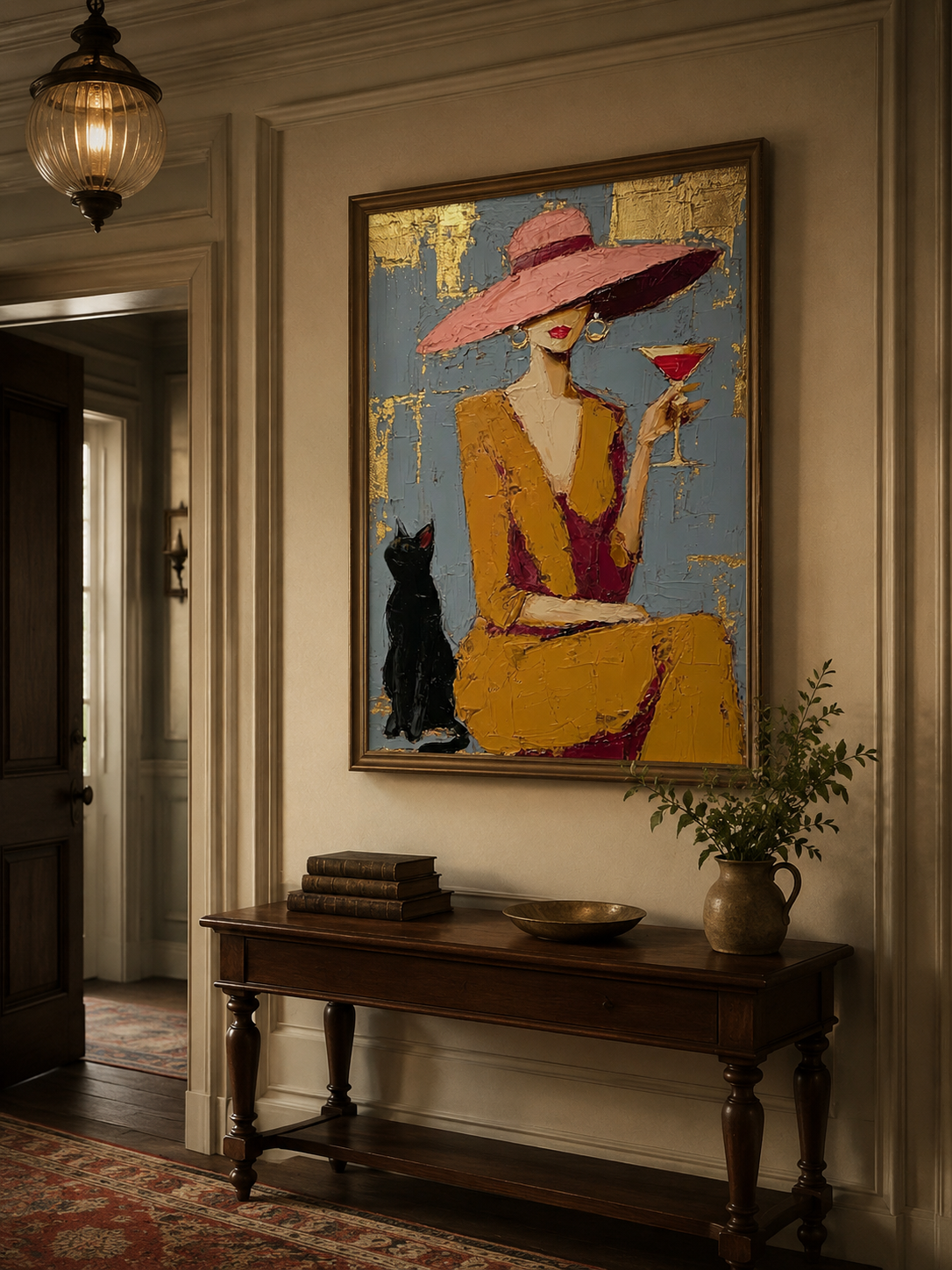 Elegant Lady With Black Cat Gold Foil Oil Painting For Bar Decor