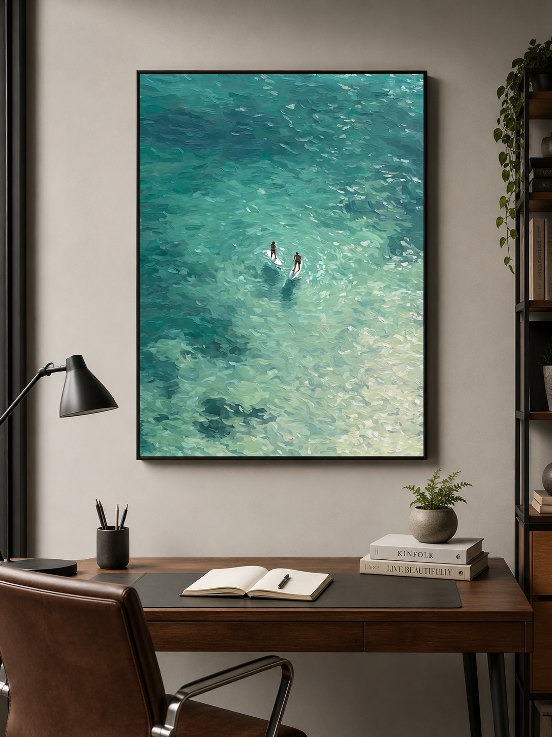 Turquoise Paddleboard Oil Painting For Beach House Living Room Wall Art Decor