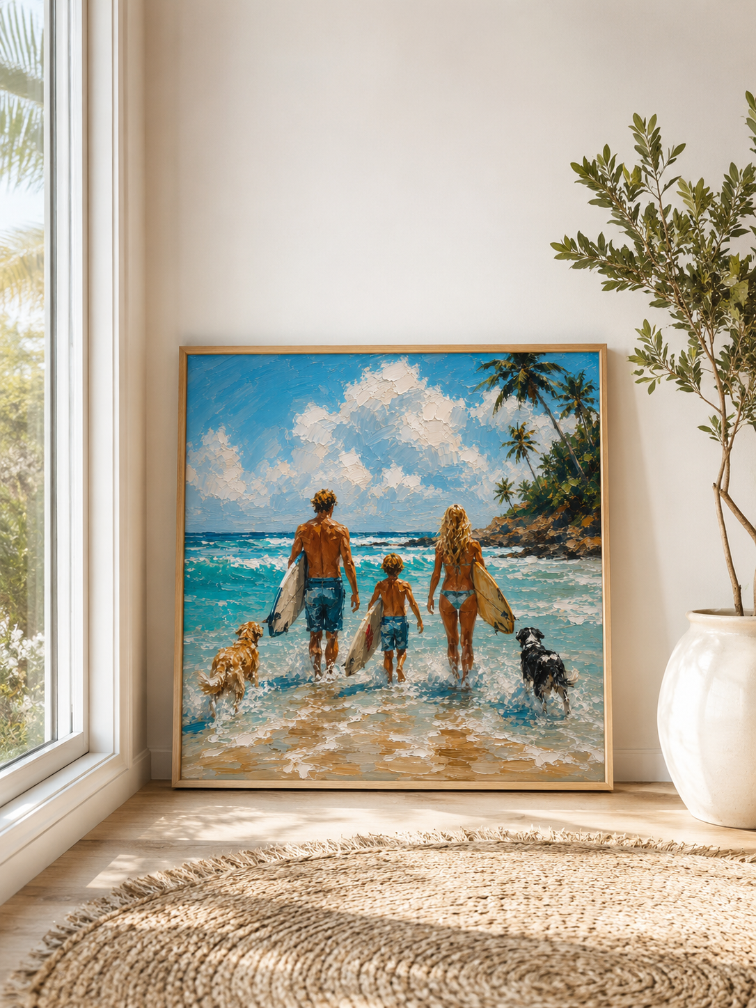 Summer Seaside Landscape Art Family Beach Surfing Painting With Dogs For Coastal Home Decor