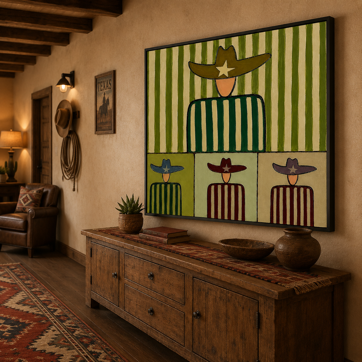 Whimsical Western Folk Art Painting With Cowboy Figures In Green Stripes For Modern Home Decor