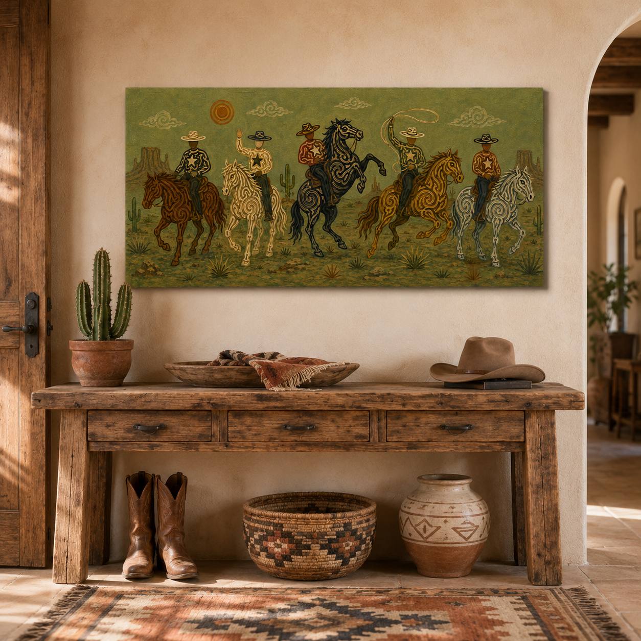 Olive Western Cowboy Painting, Panoramic Lasso Horse Riders, Southwestern Ranch Wall Art