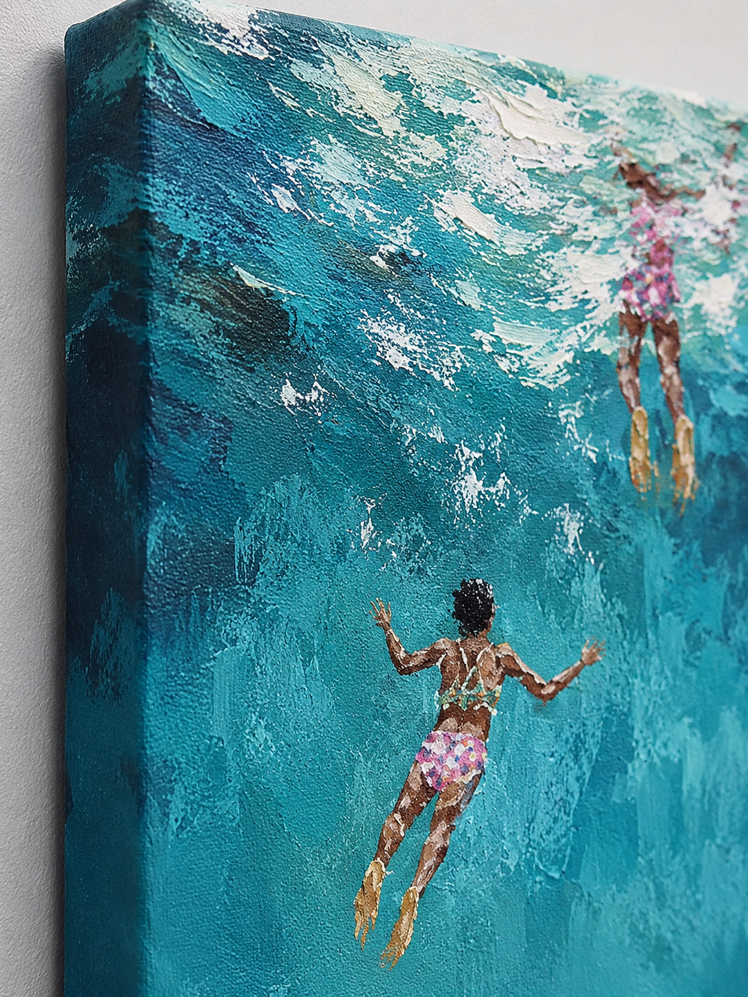 Large Blue Ocean Painting For Coastal Living Room With Figurative Swimmers And Textured Waves