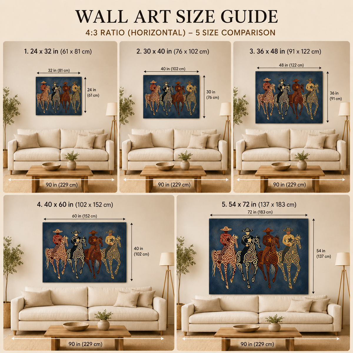 Four Cowboy Riders Painting, Navy Blue Western Horse Art, Southwestern Folk Wall Decor
